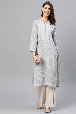 Hand Embroidered Grey Cotton Lucknow Chikankari Women Kurta 4