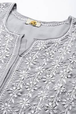 Hand Embroidered Grey Cotton Lucknow Chikankari Women Kurta 5