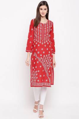 Hand Embroidered Red Cotton Lucknow Chikankari Women Kurta 1