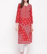 Hand Embroidered Red Cotton Lucknow Chikankari Women Kurta