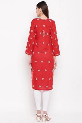 Hand Embroidered Red Cotton Lucknow Chikankari Women Kurta 2