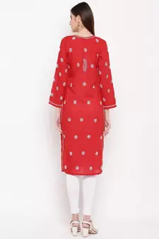 Hand Embroidered Red Cotton Lucknow Chikankari Women Kurta