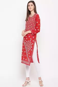 Hand Embroidered Red Cotton Lucknow Chikankari Women Kurta