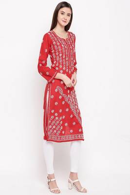 Hand Embroidered Red Cotton Lucknow Chikankari Women Kurta 4