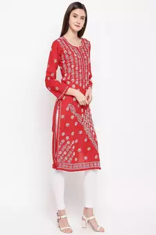 Hand Embroidered Red Cotton Lucknow Chikankari Women Kurta