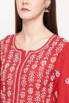 Hand Embroidered Red Cotton Lucknow Chikankari Women Kurta
