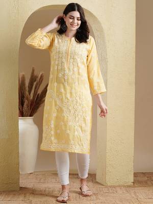 Hand Embroidered Yellow Cotton Lucknow Chikankari Women Kurta 1