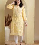 Hand Embroidered Yellow Cotton Lucknow Chikankari Women Kurta