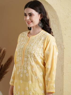 Hand Embroidered Yellow Cotton Lucknow Chikankari Women Kurta 2