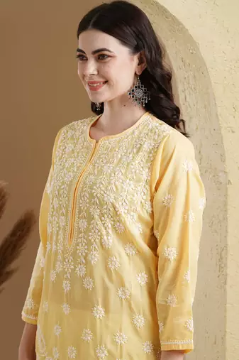 Hand Embroidered Yellow Cotton Lucknow Chikankari Women Kurta
