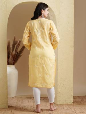 Hand Embroidered Yellow Cotton Lucknow Chikankari Women Kurta 3