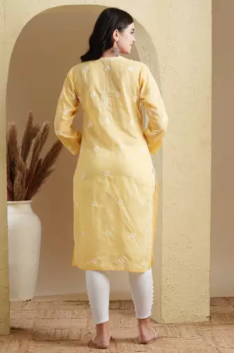 Hand Embroidered Yellow Cotton Lucknow Chikankari Women Kurta