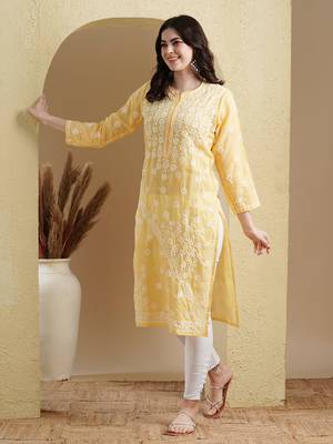 Hand Embroidered Yellow Cotton Lucknow Chikankari Women Kurta 4