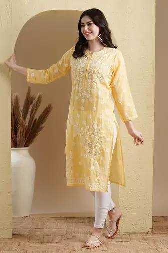 Hand Embroidered Yellow Cotton Lucknow Chikankari Women Kurta