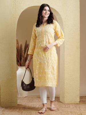 Hand Embroidered Yellow Cotton Lucknow Chikankari Women Kurta 5