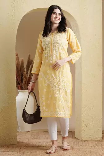 Hand Embroidered Yellow Cotton Lucknow Chikankari Women Kurta