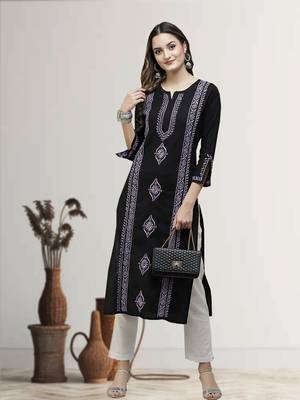 Hand Embroidered Black & Mauve Cotton Lucknowi Chikan Women Kurta 1