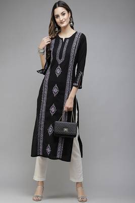Hand Embroidered Black & Mauve Cotton Lucknowi Chikan Women Kurta 3