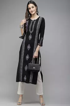 Hand Embroidered Black & Mauve Cotton Lucknowi Chikan Women Kurta