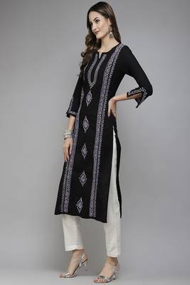 Hand Embroidered Black & Mauve Cotton Lucknowi Chikan Women Kurta 4