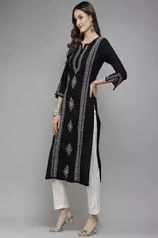 Hand Embroidered Black & Mauve Cotton Lucknowi Chikan Women Kurta