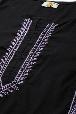 Hand Embroidered Black & Mauve Cotton Lucknowi Chikan Women Kurta 5