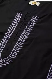 Hand Embroidered Black & Mauve Cotton Lucknowi Chikan Women Kurta