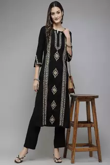 Hand Embroidered Black & Beige Cotton Lucknowi Chikan Women Kurta