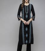 Hand Embroidered Black & Blue Cotton Lucknowi Chikan Women Kurta