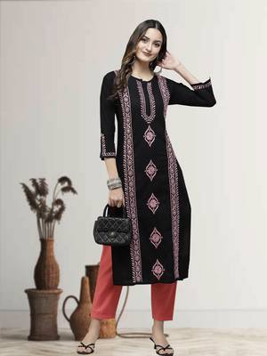 Hand Embroidered Black & Pink Cotton Lucknowi Chikan Women Kurta 1