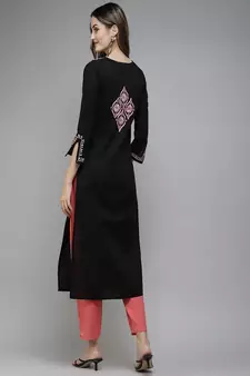 Hand Embroidered Black & Pink Cotton Lucknowi Chikan Women Kurta