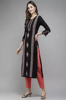 Hand Embroidered Black & Pink Cotton Lucknowi Chikan Women Kurta