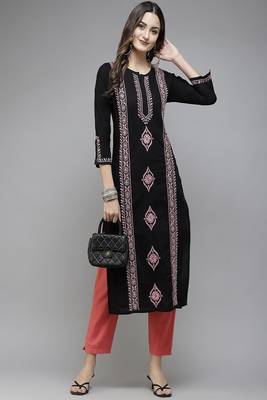 Hand Embroidered Black & Pink Cotton Lucknowi Chikan Women Kurta 4
