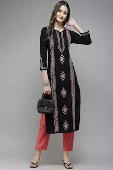 Hand Embroidered Black & Pink Cotton Lucknowi Chikan Women Kurta