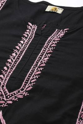 Hand Embroidered Black & Pink Cotton Lucknowi Chikan Women Kurta 5