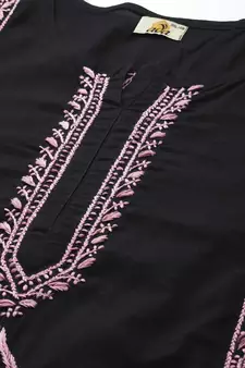 Hand Embroidered Black & Pink Cotton Lucknowi Chikan Women Kurta