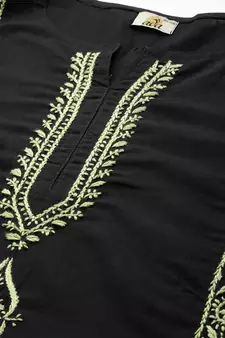 Hand Embroidered Black & Green Cotton Lucknowi Chikan Women Kurta