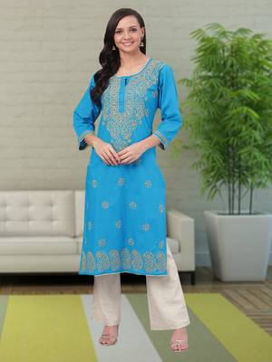 Hand Embroidered Blue Pure Cambric Cotton Lucknowi Chikan Women Kurta 1
