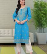 Hand Embroidered Blue Pure Cambric Cotton Lucknowi Chikan Women Kurta