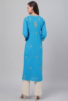 Hand Embroidered Blue Pure Cambric Cotton Lucknowi Chikan Women Kurta 2