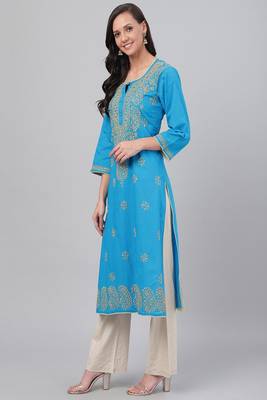 Hand Embroidered Blue Pure Cambric Cotton Lucknowi Chikan Women Kurta 4