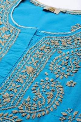 Hand Embroidered Blue Pure Cambric Cotton Lucknowi Chikan Women Kurta 5