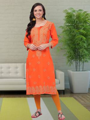 Hand Embroidered Orange Cotton Lucknow Chikan Women Kurta 1
