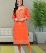 Hand Embroidered Orange Cotton Lucknow Chikan Women Kurta