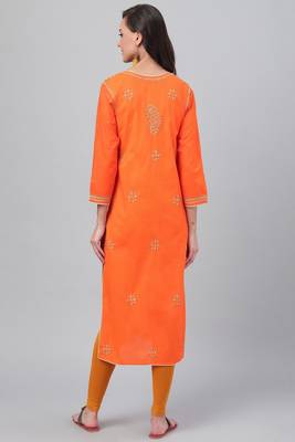 Hand Embroidered Orange Cotton Lucknow Chikan Women Kurta 2