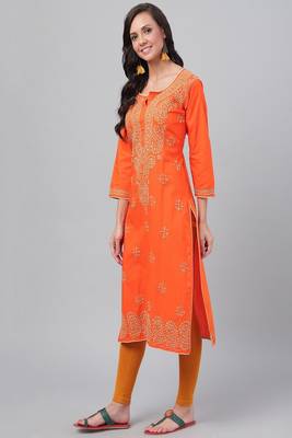 Hand Embroidered Orange Cotton Lucknow Chikan Women Kurta 3
