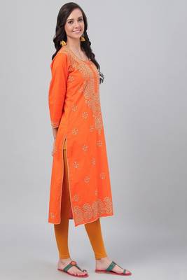 Hand Embroidered Orange Cotton Lucknow Chikan Women Kurta 4