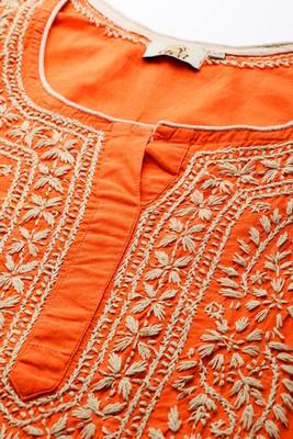 Hand Embroidered Orange Cotton Lucknow Chikan Women Kurta 5