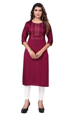 Burgundy Embroidered Poly Cotton Straight Women's Kurta. 1