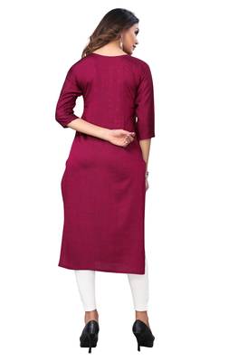 Burgundy Embroidered Poly Cotton Straight Women's Kurta. 2